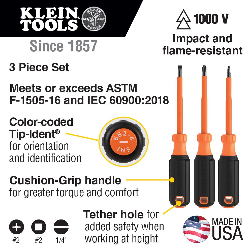 KLEIN® 85073INS Screwdriver Set, 1000V Insulated, 3-Piece